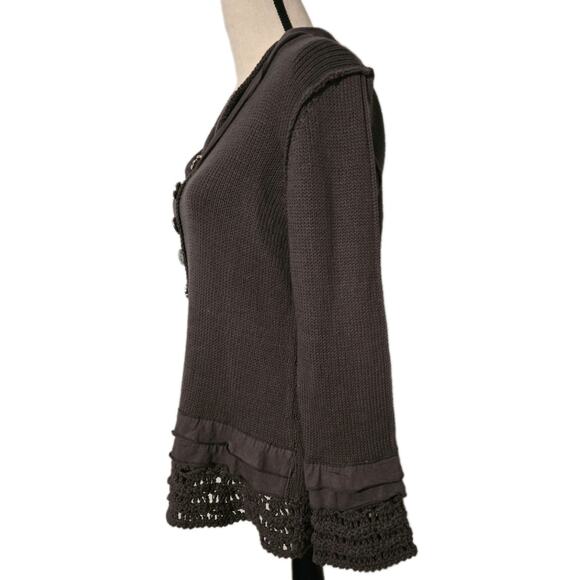 Lulu B Fringed Crochet Sweater Cardigan Women's Sparkle Buttons Boho Brown - Picture 3 of 10